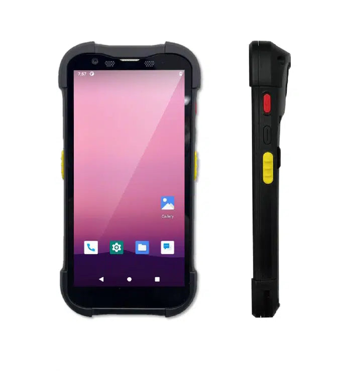 Rugged smartphone with flashlight and side buttons on a white background