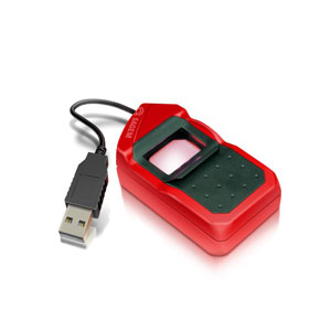 A red and black MorphoSmart MSO1300 fingerprint scanner connected to a USB cable.