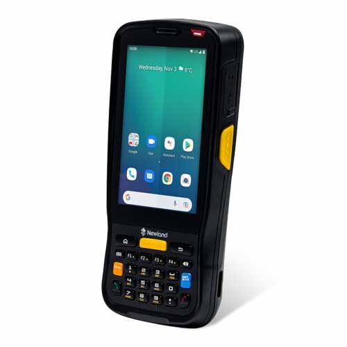 A black Newland MT65 Beluga V Mobile Computer with a numeric keypad and a screen displaying various application icons.