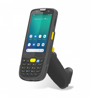 Handheld device with keyboard and screen on a white background