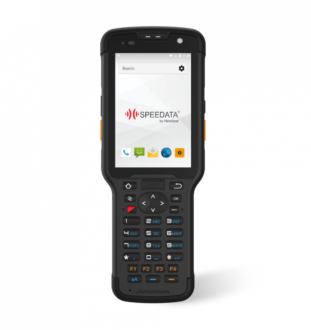 A black Newland SD35 Leo mobile computer with a display screen and a keypad.