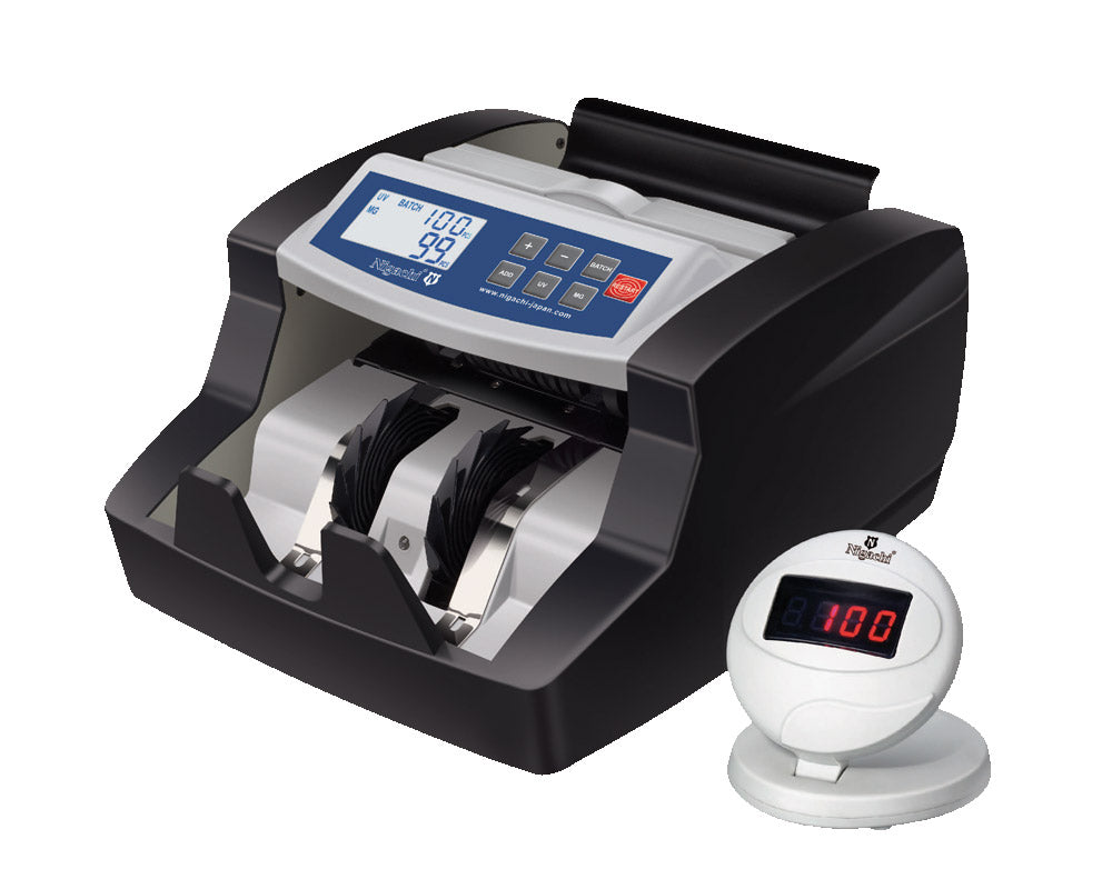 A black Nigachi back loading money counting machine with a digital display, accompanied by a remote control with a numeric keypad.