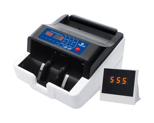 A compact black and white currency counting machine with a digital display showing the number 555.