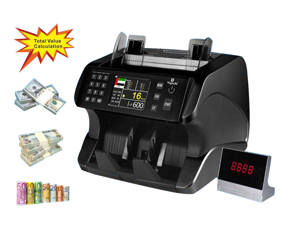 A black Nigachi front loading money counting machine with a digital display showing the number 16, surrounded by various currency bills.