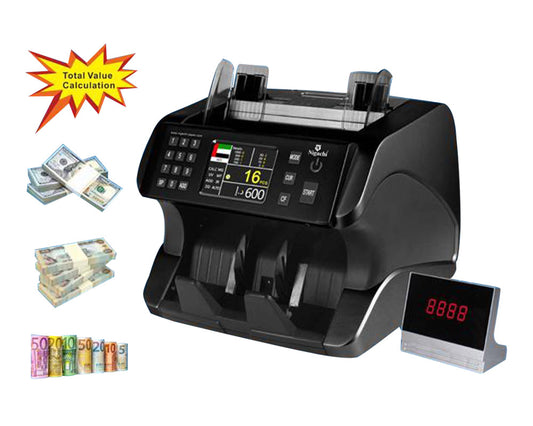 A black Nigachi front loading money counting machine with a digital display showing the number 16, surrounded by various currency bills.