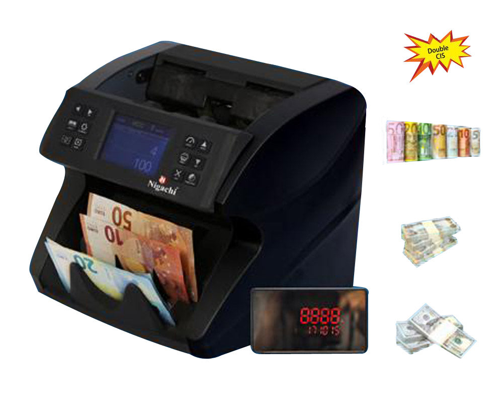 A black currency counting machine with various currency bills displayed, indicating multiple currency support. A digital screen shows the count of bills.