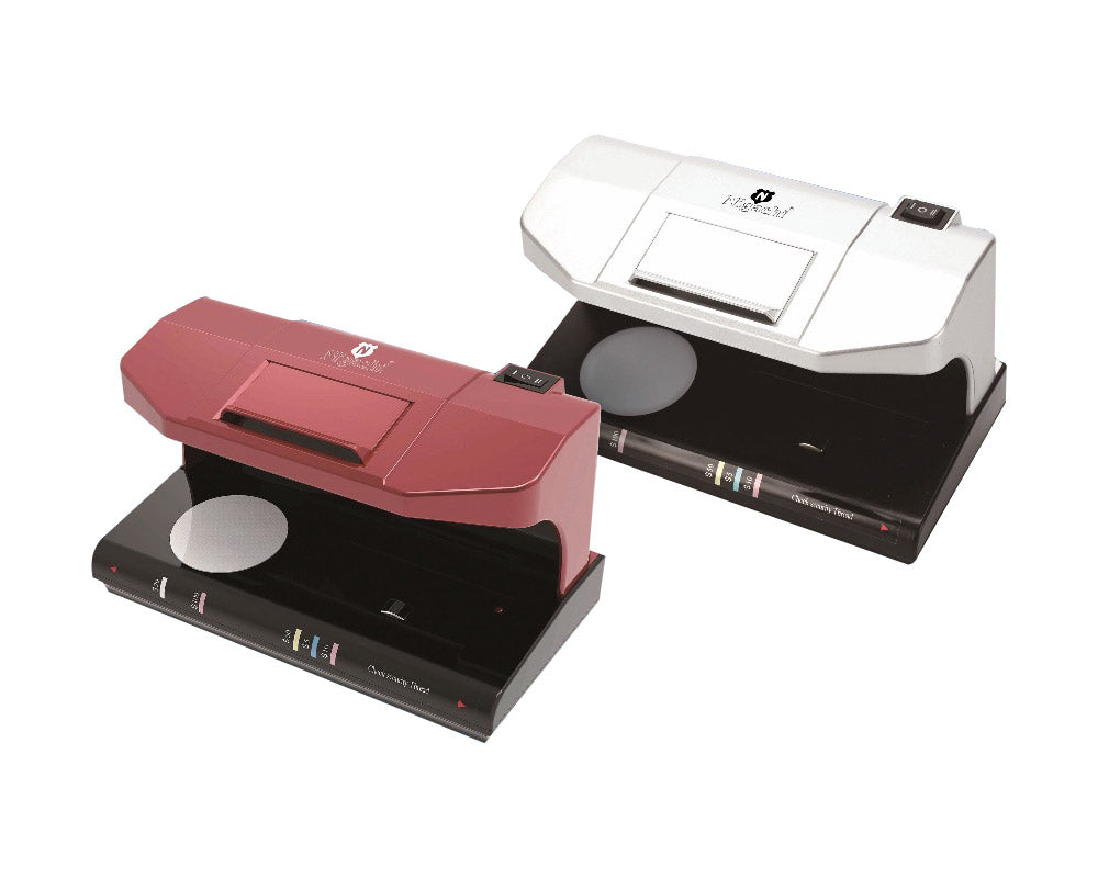 Two currency detectors, one red and one white, with a black base, designed to verify the authenticity of various documents.