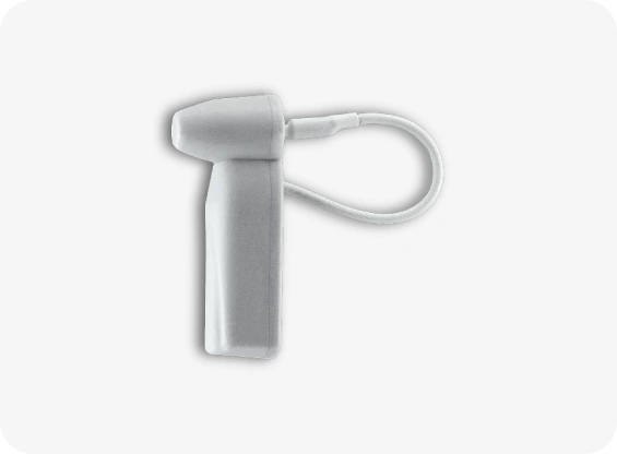 Silver electronic device with a strap on a white background