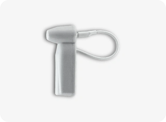 Silver electronic device with a strap on a white background