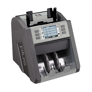 A compact gray currency discriminator with two pockets and a touch screen LCD display.