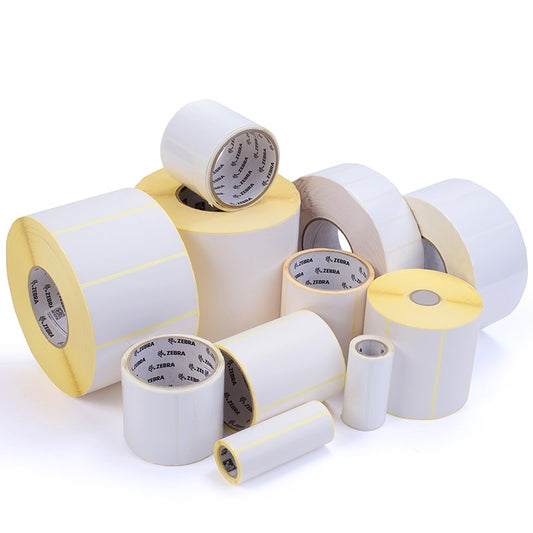 Collection of Zebra label rolls on a white background