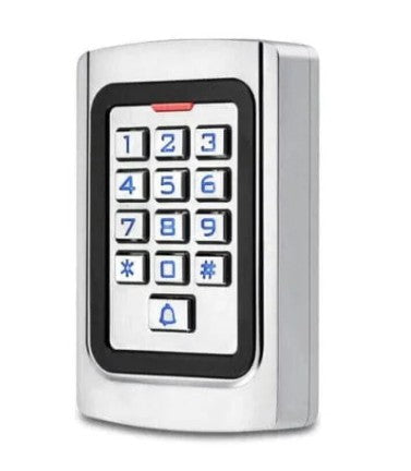 A silver and black biometric access control keypad with blue number buttons and a white faceplate, isolated on a white background.
