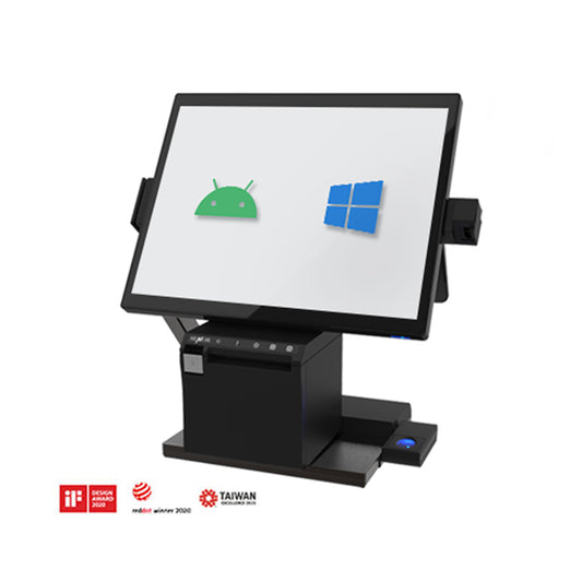 Touchscreen display with Android and Windows logos on a white background