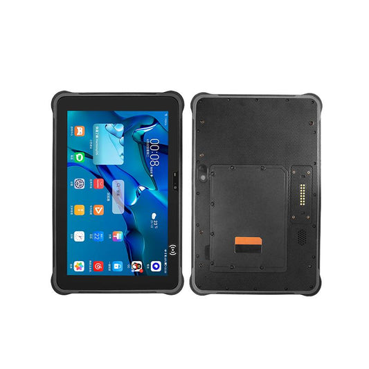 A rugged black tablet shown from the front and back on a plain white background. The front displays a blue-themed home screen with various app icons, and the back shows a textured black panel with a small orange accent and gold charging contacts.