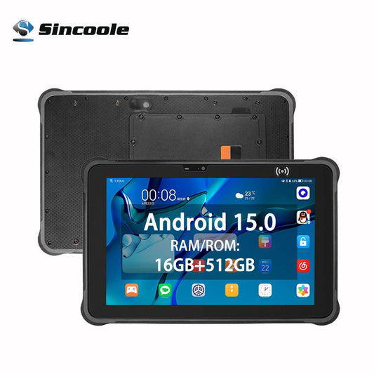 A rugged black industrial tablet shown from the front and back, featuring a large screen with Android 15.0 interface and specifications text.