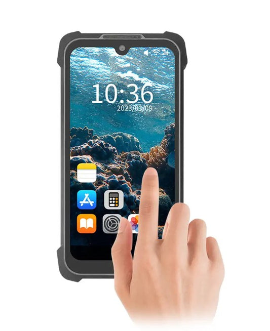 A rugged black smartphone case shown on a hand holding a phone, with the screen turned on and displaying an underwater wallpaper. The case has thick protective corners and a front camera cutout.