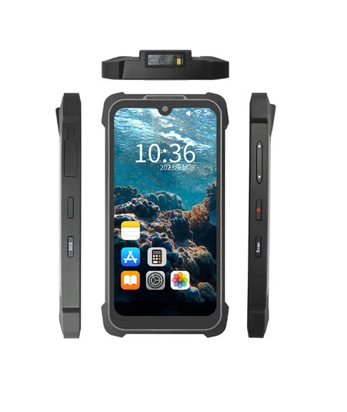 A rugged black smartphone shown from three angles: a top-down view at the top, a side profile on the left, and a side profile on the right. The phone is centered against a plain white background, displaying its front screen with an underwater wallpaper and app icons.