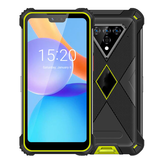 A rugged smartphone shown from the front and back on a plain white background. The front displays a black bezel, a large screen with an astronaut wallpaper, and a front camera.