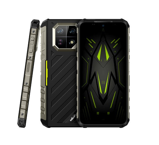 A rugged smartphone shown from the front and back on a plain white background. The front displays a black bezel, a large screen with an astronaut wallpaper, and a front camera.
