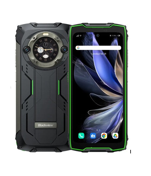 Blackview rugged smartphone shown from the front and back. The phone has a black and dark gray protective body with bright green accents around the bezel and side buttons, a circular analog-style camera ring on the back, and a colorful blue and purple wallpaper on the screen.