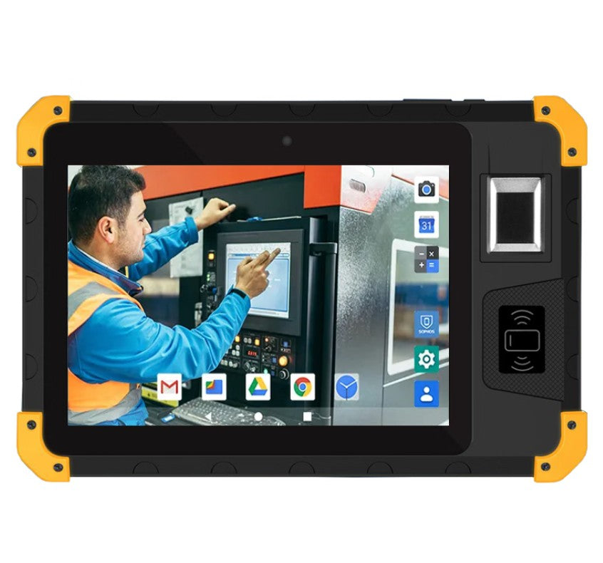 A rugged black tablet case shown from the front and back on a white background, with a red arrow graphic indicating a fold-out handle feature.