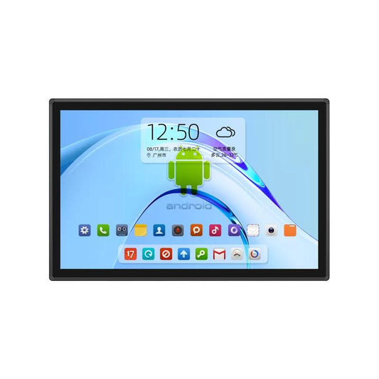A black-framed tablet computer displaying a blue and white Android home screen with various app icons, shown against a plain white background.
