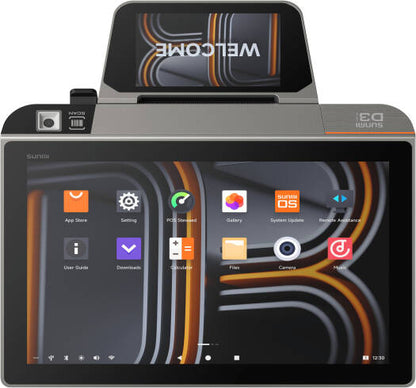 Electronic device with a screen displaying app icons and a 'Welcome' message.