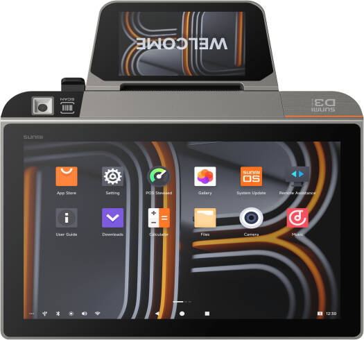 Electronic device with a screen displaying app icons and a 'Welcome' message.