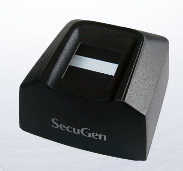 A black SecuGen Hamster Pro 20 fingerprint reader with an optical sensor visible on the top surface.