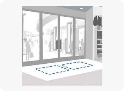 Diagram of a store layout with blue dotted lines indicating a path.