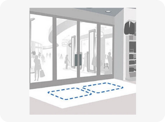 Diagram of a store layout with blue dotted lines indicating a path.