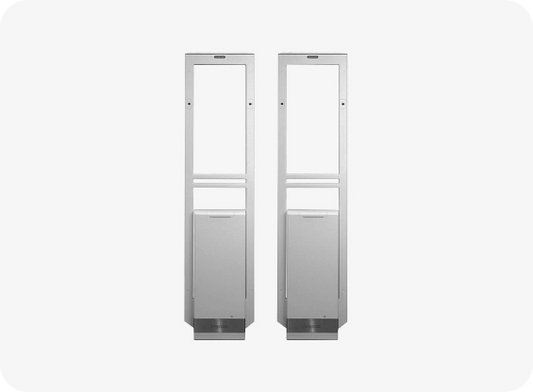 Two metallic lockers with glass panels on a white background