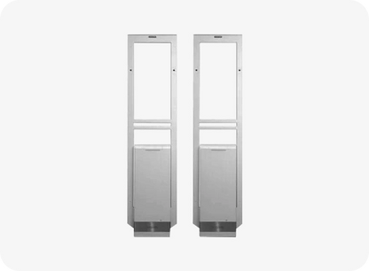 Two metallic lockers with glass panels on a white background