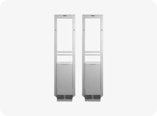 Two metallic lockers with glass panels on a white background