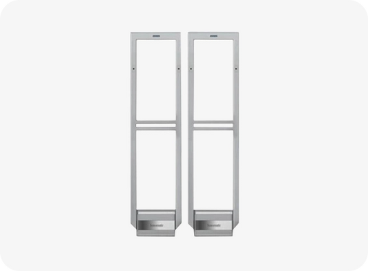 Two metallic wall-mounted shelves on a white background