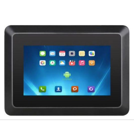 A black rectangular touchscreen device with rounded corners, shown against a plain white background. The screen is on and displaying a blue Android home screen with various colorful app icons.
