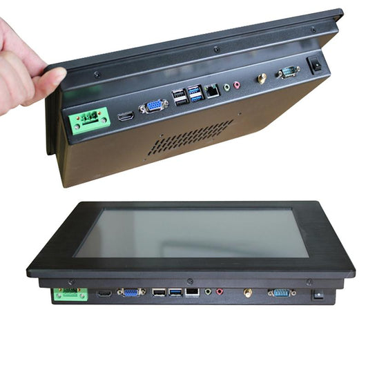 A rugged industrial touchscreen monitor shown from two angles: one with a hand holding the top edge to demonstrate portability, and another showing the back panel with various input/output connectors. The device has a black bezel, a dark gray metal chassis, and a glass screen.