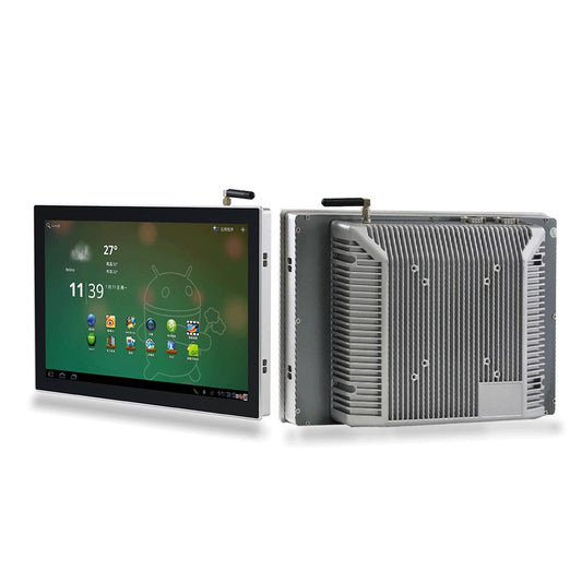 A rugged industrial touchscreen display shown from two angles: a front view displaying a green Android-style interface, and a side/back view showing a heavy-duty silver aluminum heatsink enclosure.