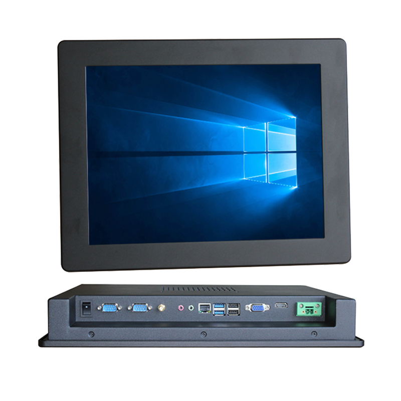 A rugged industrial touchscreen display monitor with a dark gray chassis, shown from the front and back against a plain white background. The screen displays the Windows 10 desktop.