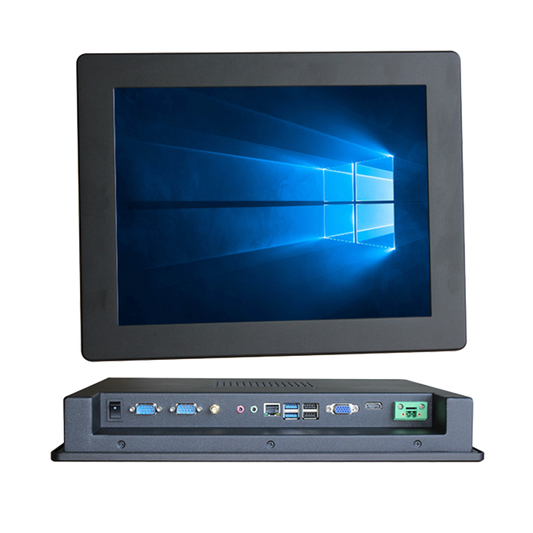 A rugged industrial touchscreen display monitor with a dark gray chassis, shown from the front and back against a plain white background. The screen displays the Windows 10 desktop.
