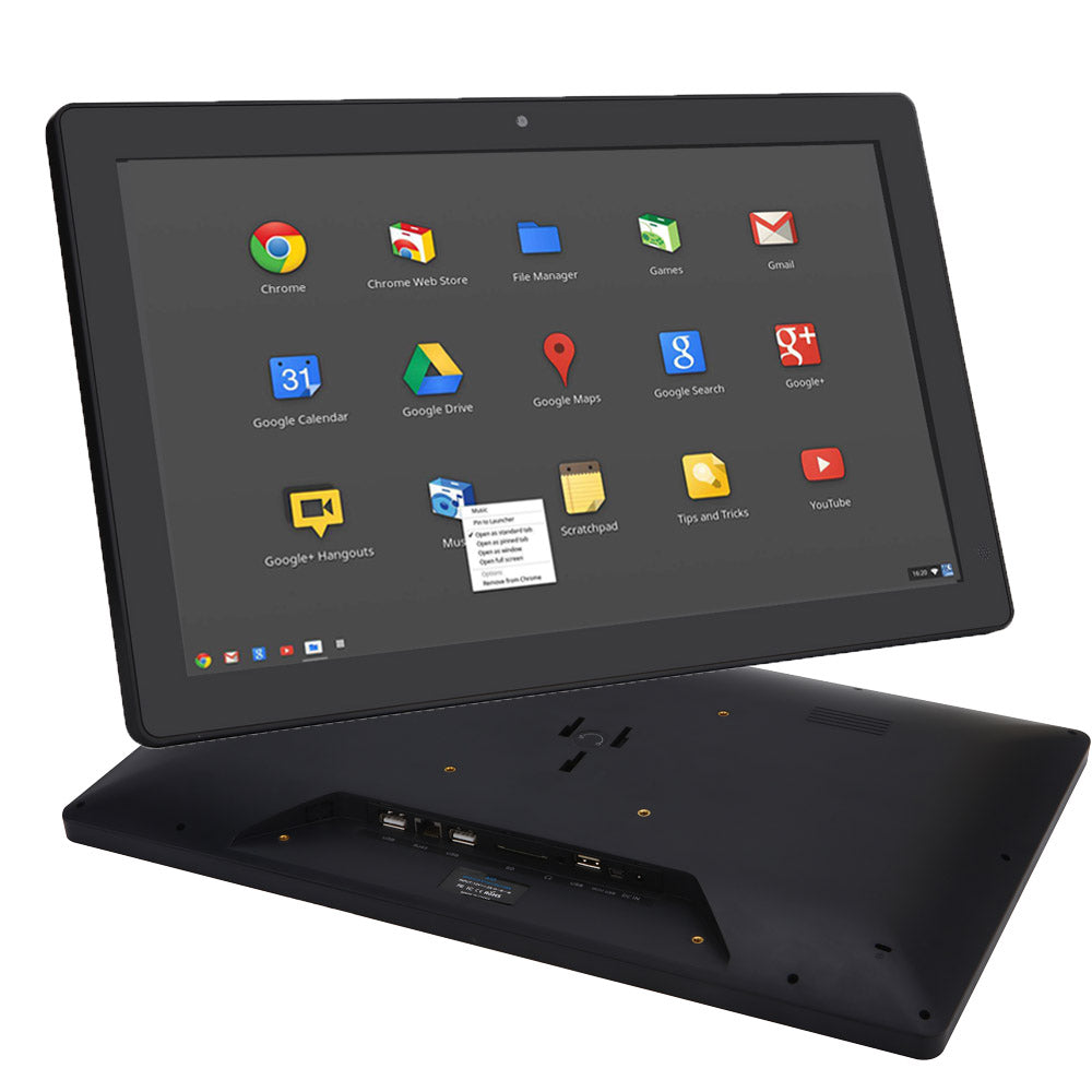 A black all-in-one desktop computer shown from two angles: a front view displaying its desktop interface with Google apps, and a rear view showing the open base with ports and interior components, set against a plain white background.