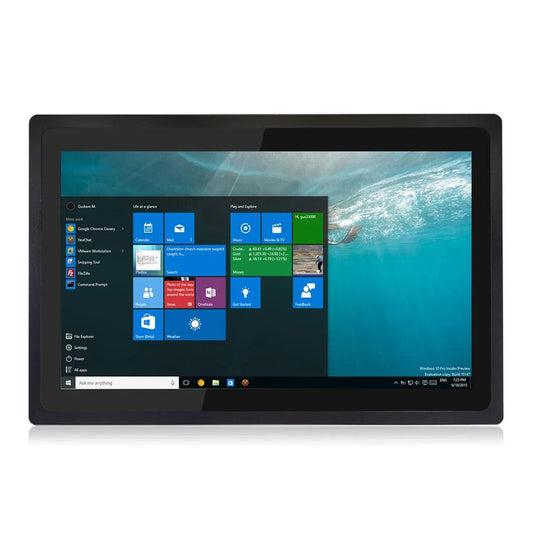 A black 15-inch touchscreen industrial tablet displaying the Windows 10 desktop interface, shown against a plain white background.
