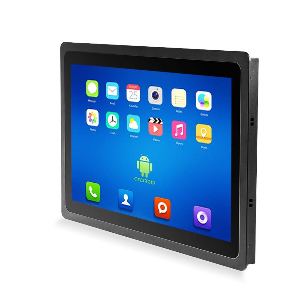 A rugged industrial touchscreen panel display with a black bezel and side frame, showing the Android OS home screen on a white background.