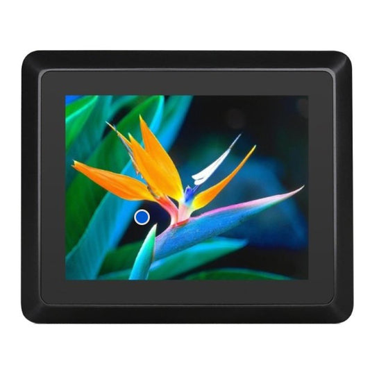 A black rectangular digital display screen or monitor showing a close-up photo of a bird of paradise flower, isolated on a white background.