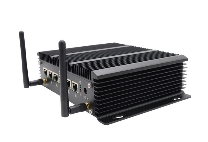 A black industrial wireless networking device with a ribbed metal heatsink body, mounting bracket, and two external antennas, shown on a plain white background.