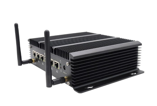 A black industrial wireless networking device with a ribbed metal heatsink body, mounting bracket, and two external antennas, shown on a plain white background.