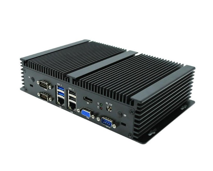A black industrial mini PC or server chassis with dual ribbed metal heat sinks and multiple rear I/O ports including USB, Ethernet, VGA, and RS232, shown on a plain white background.