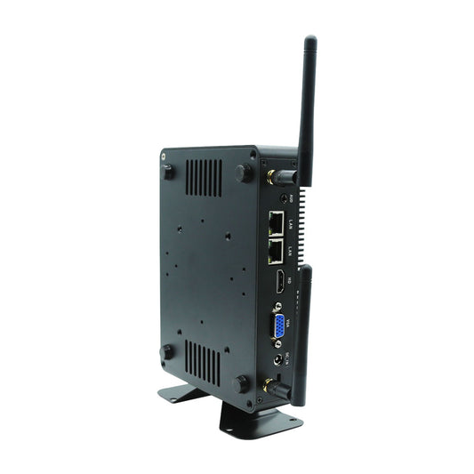 A black metal mini PC or industrial router with an attached external antenna, shown from a three-quarter angle on a white background.
