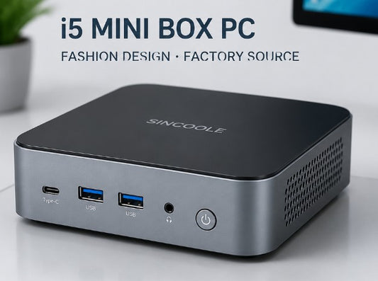 A silver and black SINCOOLE i5 Mini Box PC shown on a light gray surface with promotional text overlay at the top.