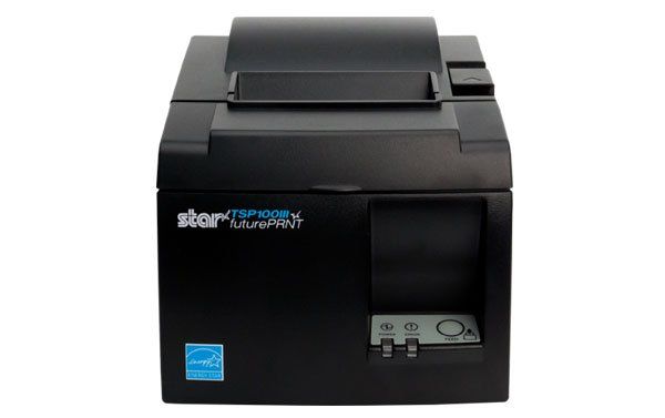 A black Star TSP143III receipt printer with a paper exit slot and a control button on the front.